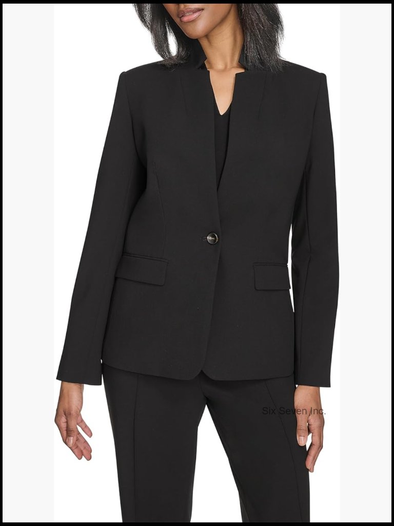One Button Front Pocket Woven Blazer - Stand Collar